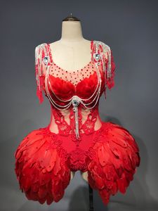 Body de plumas rojas, sexy, para mujer, espectáculo, disfraz de gogo, discoteca, cantante, ropa de fiesta, vestido - Product Image 3