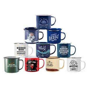 custom logo 7oz/12oz/16oz/24oz/40oz reusable rolled rim steel tin metal camping mugs camp cup sublimation enamel coffee mug