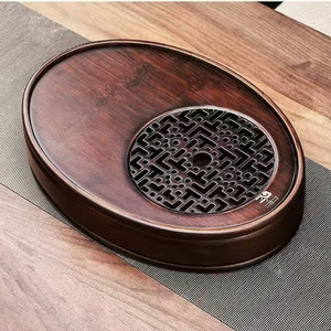 Plateau à thé ovale en bambou, petit, pour usage domestique, avec rangement d'eau pour infusion à sec, finition vernie, facile à nettoyer - Product Image 2