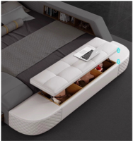 Modernes Luxus-Smartbett Multifunktionales Kingsize-Lederbett mit Stauraum, Schminktisch, Verstellbarer Kopfstütze, Sicherem Holzrahmen und Massagefunktion