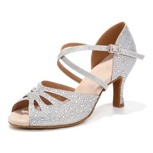 Scarpe da Ballo Latino da Donna alla <span class=keywords><strong>Moda</strong></span>, Punta Aperta, Tacco in Raso con Lacci, Cinturino alla Caviglia, Comode con Fibbia in Strass, Sandali Eleganti - Product Image 1