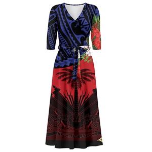 Vestidos de diseño haitiano de lujo para mujer, vestido de fiesta con cuello en V y mangas 3/4 con bolsillos, Vestidos de mujer <span class=keywords><strong>Vintage</strong></span> con Curvas elegantes a la moda - Product Image 3