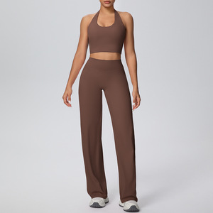 Wholesale Plus Size Halter Neck Yoga Set Women Seamless Elastic Waist Sports Bra <b>Flared</b> Pants Gym Fitness Wear OEM Manufacturer - Product Image 4