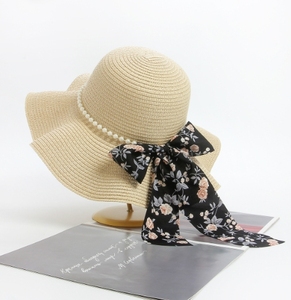 Chapeau de paille décontracté en gros pour femmes, protection solaire, voyage en plein air, plage, chapeau de soleil avec nœud perlé - Product Image 2