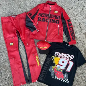 High Quality Custom Track Suits Men Two Pieces Motorcycle Jackets And Leather Stacked Pants Sport Tracksuit Leather Sweatsuit