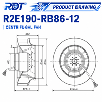 Ventilateur centrifuge à pales courbées vers l'arrière à haut débit d'air R2E190-RB86-12 190 mm à roulement à billes pour fonctionnement continu et refroidissement par variateur de fréquence (VFD)
