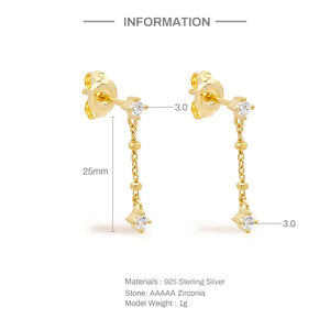 CANNER 18K Gold Plated Custom INS Tassel Chain Zircon S925 <b>Sterling</b> <b>Silver</b> <b>Stud</b> <b>Earrings</b> - Product Image 2