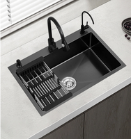 Fregadero de Cocina Minimalista Moderno de Acero Inoxidable, Recubierto con Nanotecnología de Diamante Negro, de Gran Tamaño y un Solo Tazón, para Hogar y Restaurante