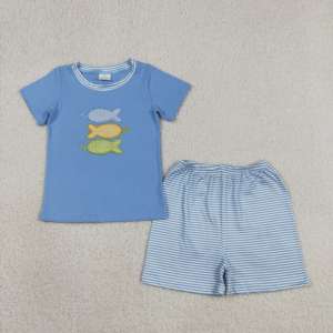 BSSO0838 rts Boutique Baby boy <b>green</b> fish print Clothing Set summer Outfits Wholesale short sleeve set - Product Image 2