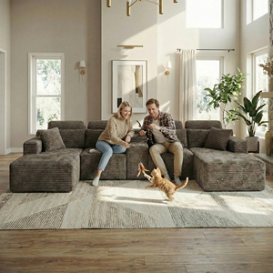 Modern Brown Corduroy U Shaped Sectional Set with Cup Holders Modular Cloud <b>for</b> Villa <b>Large</b> Living Room - Product Image 4