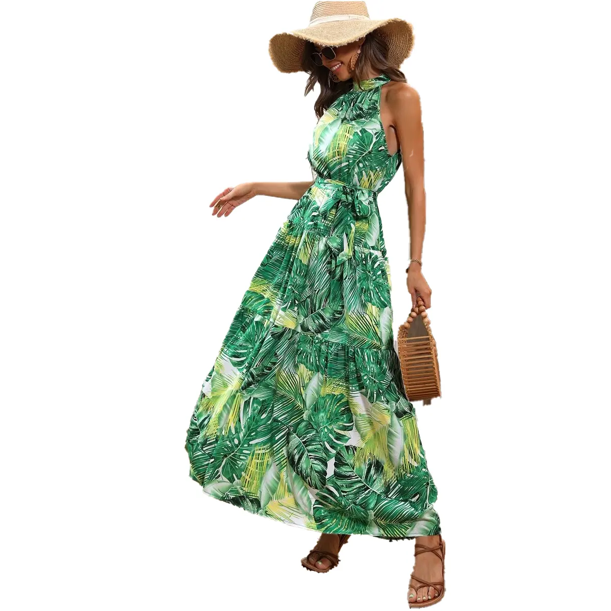 Custom Manufacture Tropical Print Belted Halter Summer Casual No Sleeve Beach Dresses Women