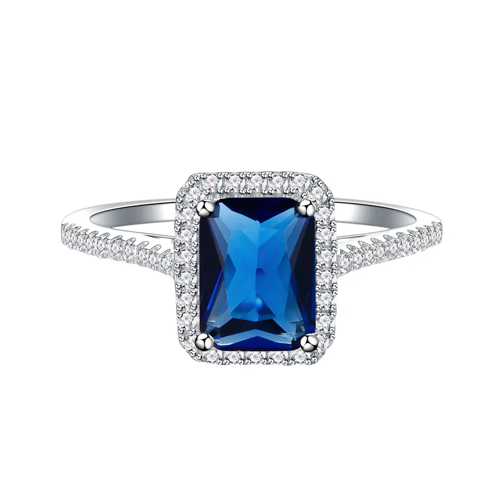 Anillo de zafiro rectangular de alta calidad con joyería personalizada al por mayor, anillo de compromiso de diamantes de joyería de moda de Plata de Ley 925
