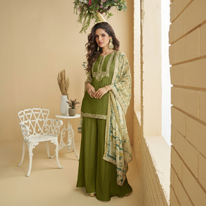 Costume prêt-à-porter Dhwaja Export Green Chinon avec broderie et travail de sequins - Product Image 1