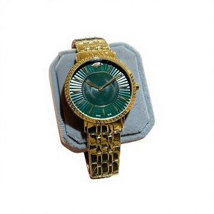 Round Mechanical Watch for Women Green Sunburst Dial Sparkling Zircon Encrusted Bezel Polished Gold Tone Steel Band - Product Image 1