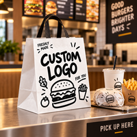 Sacs à hamburger en papier blanc imprimés sur mesure, directement de l'usine, avec poignées plates et fond à soufflet pour l'emballage de plats à emporter de restauration rapide