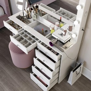 <span class=keywords><strong>Tocador</strong></span> de Maquillaje Blanco Brillante de 120 cm para Niñas, Mesa de Maquillaje con Silla para Vestidor con Superficie de Vidrio - Product Image 5