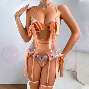 KISS ME ANGEL Sexy da donna Lingerie in pizzo Patchwork fantasia con nodo a fiocco giarrettiere trasparente per Neon scava da donna Sexy reggiseno e collant Set - Product Image 4