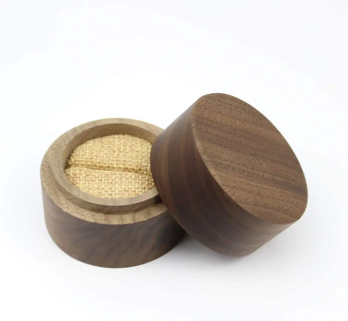Rustic Walnut Small Wooden Engagement Ring Box, Solid Wood Round Ring Box for Proposal Wedding
