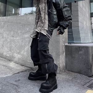 Pantalones vaqueros rectos holgados Unisex American Retro Street Multi-Pocket Bomber <span class=keywords><strong>Cargo</strong></span> Pants Casual Denim Fabric Washed para otoño - Product Image 4