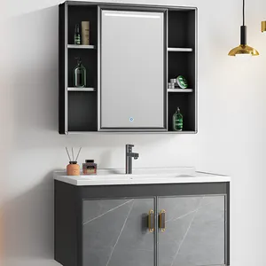 Lavabo yüzen yıkama makinesi cam mobilya lüks modern duvara monte ev aydınlatma dolabı ünitesi banyo vanity