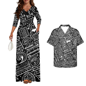 Ropa elegante de talla grande para parejas, estampado de Tapa Polinesia, vestido informal para mujer, fiesta, playa, negro, camisas Aloha a juego personalizadas para hombre - Product Image 1