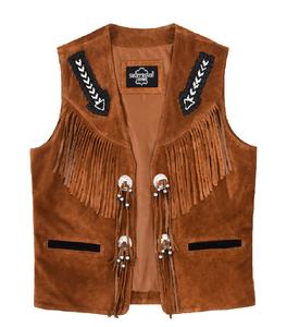 Chaleco de Hombre Personalizado 100% Cuero Genuino de Ante Color Bronceado con Flecos, Detalle de Flecos, Marca Privada, OEM, Venta al por Mayor, Estilo Urbano de Moda - Product Image 1