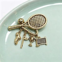 Broche Rétro Raquette de Tennis, Or Vieilli, Épingle Sportive, Breloques Pendentives Balle de Tennis, Trophée, Chaussure, Filet, Bijoux