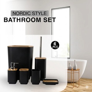Juego de Accesorios de Baño de Bambú Moderno, Ecológico, Duradero y Reciclable de 6 Piezas, Dispensador de Jabón, Bote de <span class=keywords><strong>Basura</strong></span> de Plástico Negro - Product Image 6
