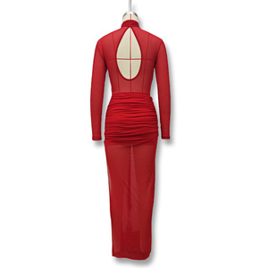 <span class=keywords><strong>Abito</strong></span> Casual da Donna <span class=keywords><strong>Rosso</strong></span> a Maniche Lunghe con Collo Tondo, Gonna Avvolgente, Sexy Inserti in Rete e Vestibilità Aderente - Product Image 4