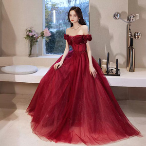 Off The Shoulder Burgundy Ball Gown Wedding Dress Empire Waist Tulle Long Vintage Style Sweetheart Neckline Evening Gown - Product Image 1