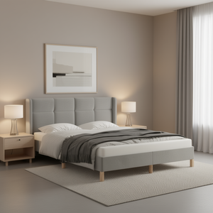 Base de Cama Queen Tapizada en Terciopelo Gris Claro, Madera Sintética, Diseño Minimalista, Cama Suave - Product Image 2