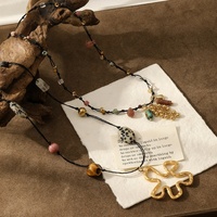 Automne hiver Vintage à la main or tissé pierre naturelle en acier inoxydable fleur collier de perles femmes Style ethnique chandail chaîne