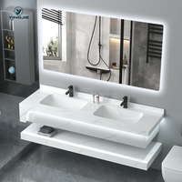 Meuble de salle de bain de style européen en marbre noir, ensemble de vanité en pierre frittée de 36 pouces avec plan de travail, lavabo double suspendu