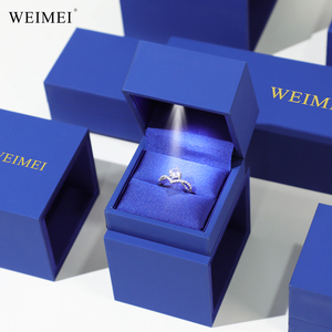 WEIMEI Custom Logo Luxury Blue Drawer Sliding Paper PU <b>Leather</b> Necklace Ring <b>Bracelet</b> Packaging LED Jewelry Box - Product Image 5