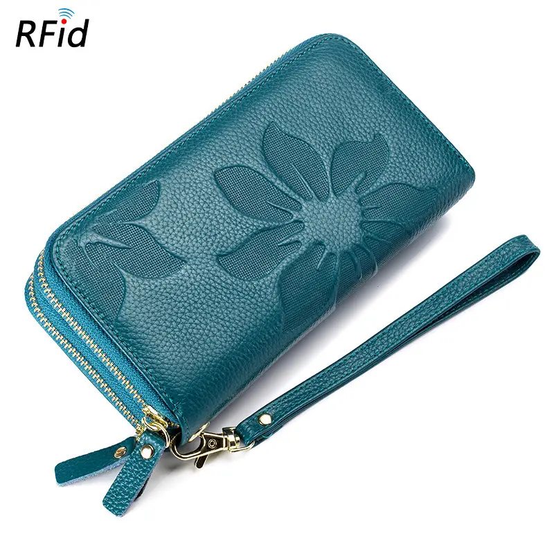 Women double zipper wallet RFID large capacity long genuine leather wallet custom