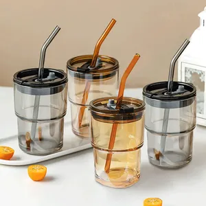 Tasse vierge de 400ml pour boire du Cola, gobelet à café en verre transparent avec couvercles et pailles