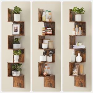 Étagère d'angle murale flottante en bois noir et blanc, étagère d'angle à 5 niveaux, étagères murales en zigzag - Product Image 1