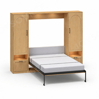 Lit mural moderne Queen/King Size en bois avec bureau intégré, cadre en acier inoxydable, tête de lit éclairée, rangement gain de place, pliable