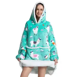 Hoodie Sherpa selimut bulu ukuran besar, bisa dipakai musim dingin hangat selimut Hoodie dengan lengan bertudung Sweatshirt selimut