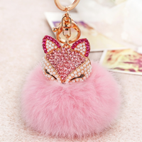 Porte-clés Tête de Renard en Strass avec Pompon en Fourrure de Lapin Moelleuse, Breloque de Sac en Alliage de Zinc, Pendentif pour Clé de Voiture, Accessoires en Gros
