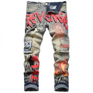 Jean slim vintage pour homme, taille mi-haute, délavage moyen, coupe droite, patchwork, confortable, style motard - Product Image 1