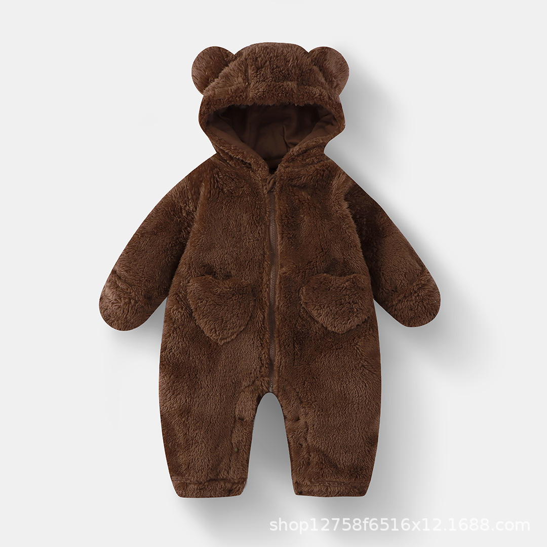 Brown-plush open-tail zipper jumpsuit