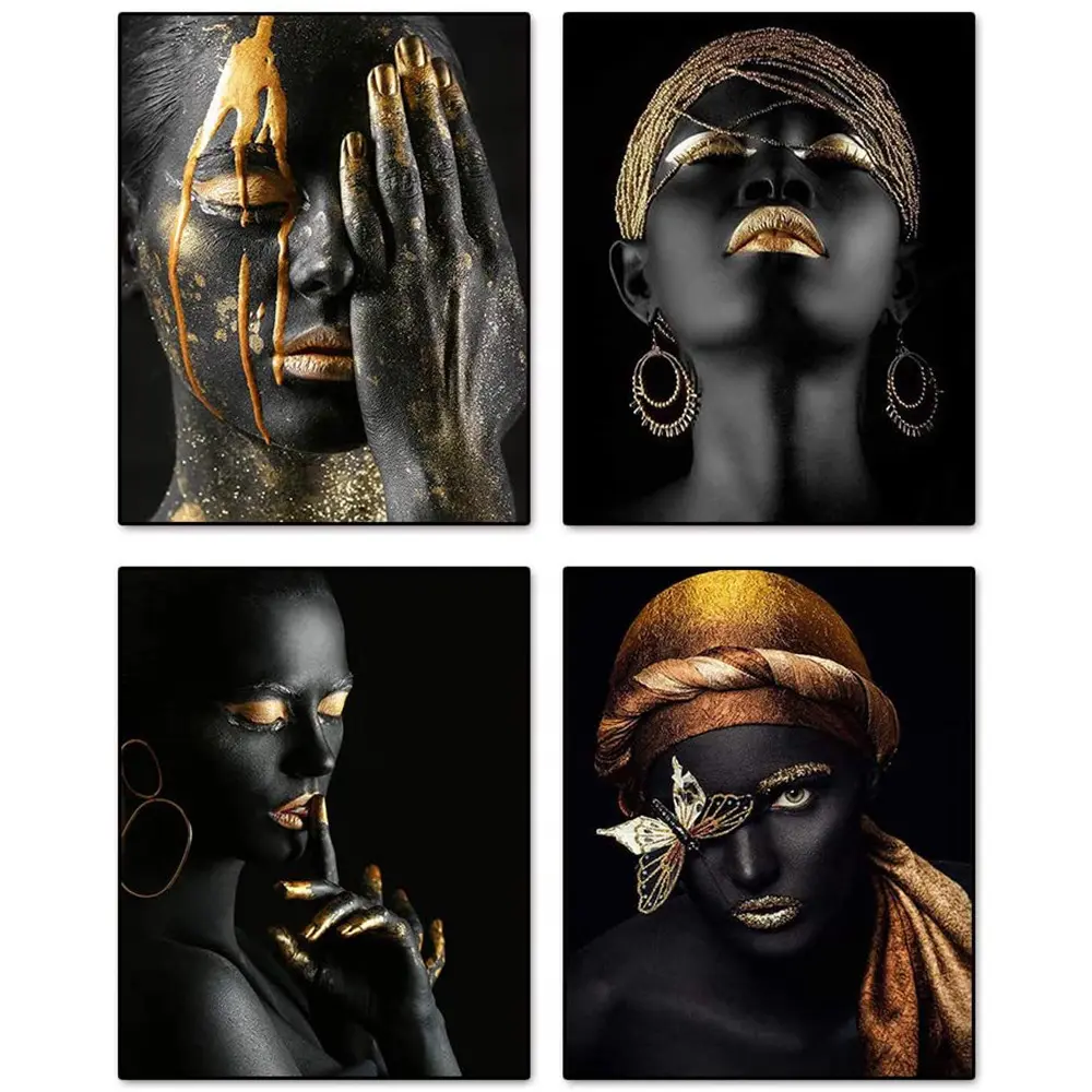 African Golden Beauty Girls Canvas Painting Black Girls Make Up Posters and Prints Wall Art Picture