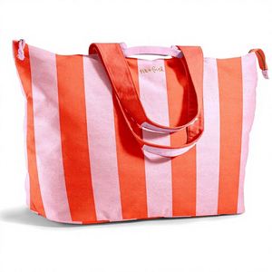 Bolsa de Playa Extra Grande de Lona de Algodón a Rayas con Cierre, Portátil, para Mujer, con Bolsillos, para Viaje - Product Image 1