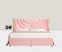 Cadre de lit à LED rembourré rose avec 2 tiroirs de rangement Lit plate-forme en velours avec support à lattes pour tête de lit à oreilles