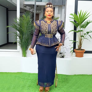 Tradition bâton diamant <span class=keywords><strong>Bazin</strong></span> Robe de soirée de mariage 2 pièces ensemble Polyester hauts jupes Dashiki Ankara Robe tenue africaine pour les femmes - Product Image 1