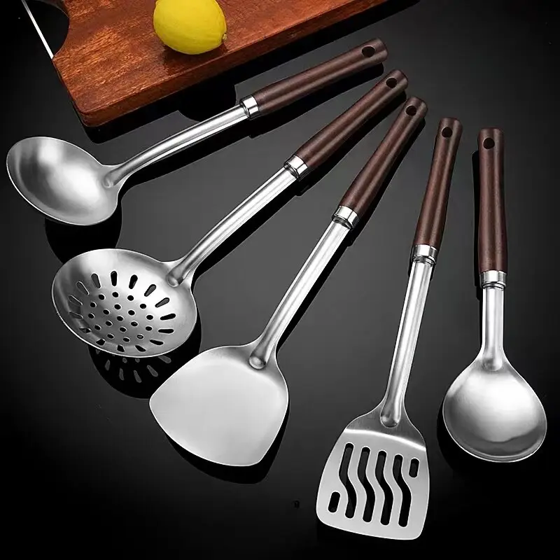 5pcs Cooking Utensil Set Stainless Steel Kitchen Utensil Set Pot Shovel Soup Spoon Filter Frying Household Kitchen Supplies
