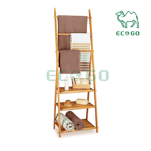 Toallero de bambú para ducha, soporte plegable para ropa de baño, escalera de madera con 3 estantes, soporte de almacenamiento - Product Image 2