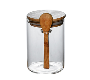 Clear Glass Jar Containers with Bamboo Airtight Lid Wooden Spoon Scoop Food Storage Canister