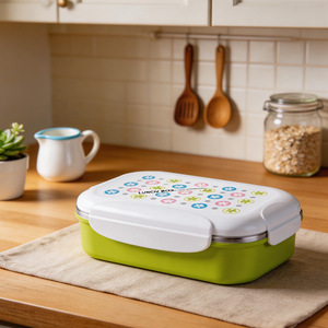 <b>Lunch</b> <b>Box</b> Rectangle Green Stainless Steel Airtight Lid With Flowers Pattern Student Use - Product Image 1